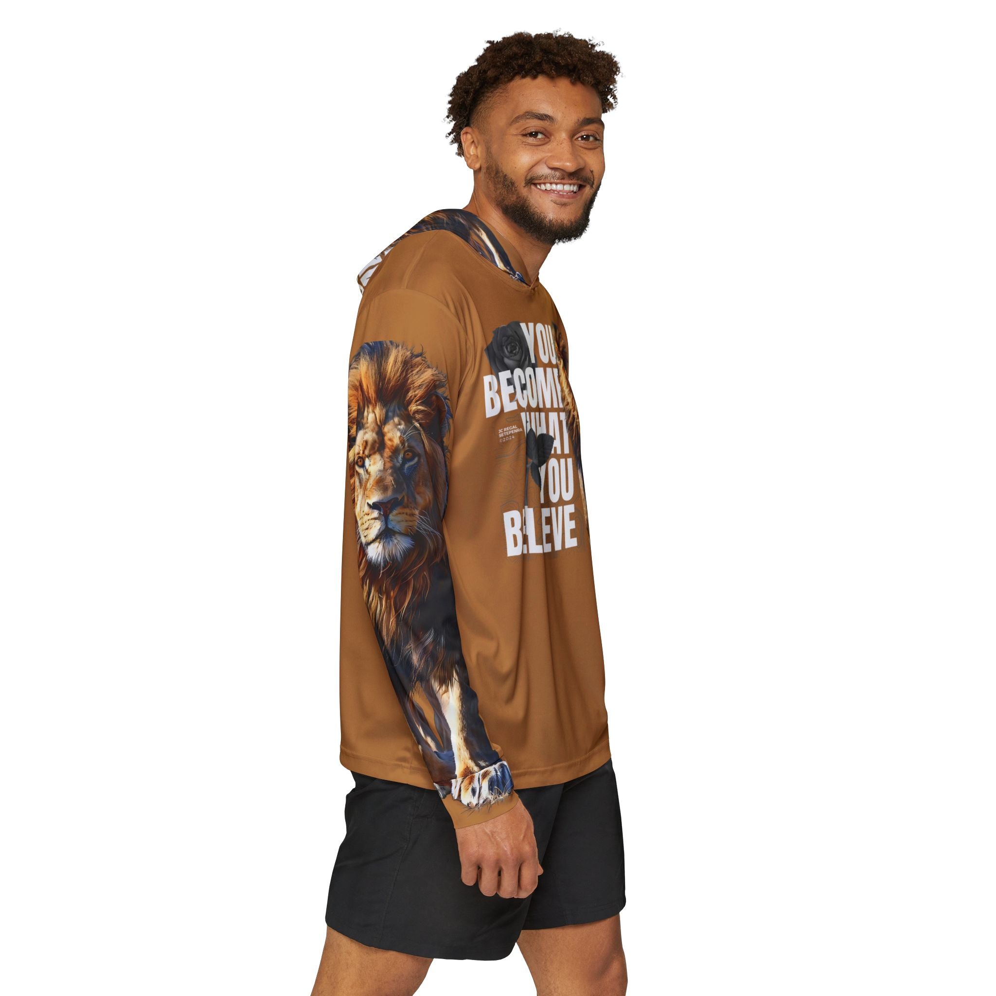 You Become What You Believe Men's Sports Warmup Hoodie (Light Brown) SETEPENRA All Over Prints.