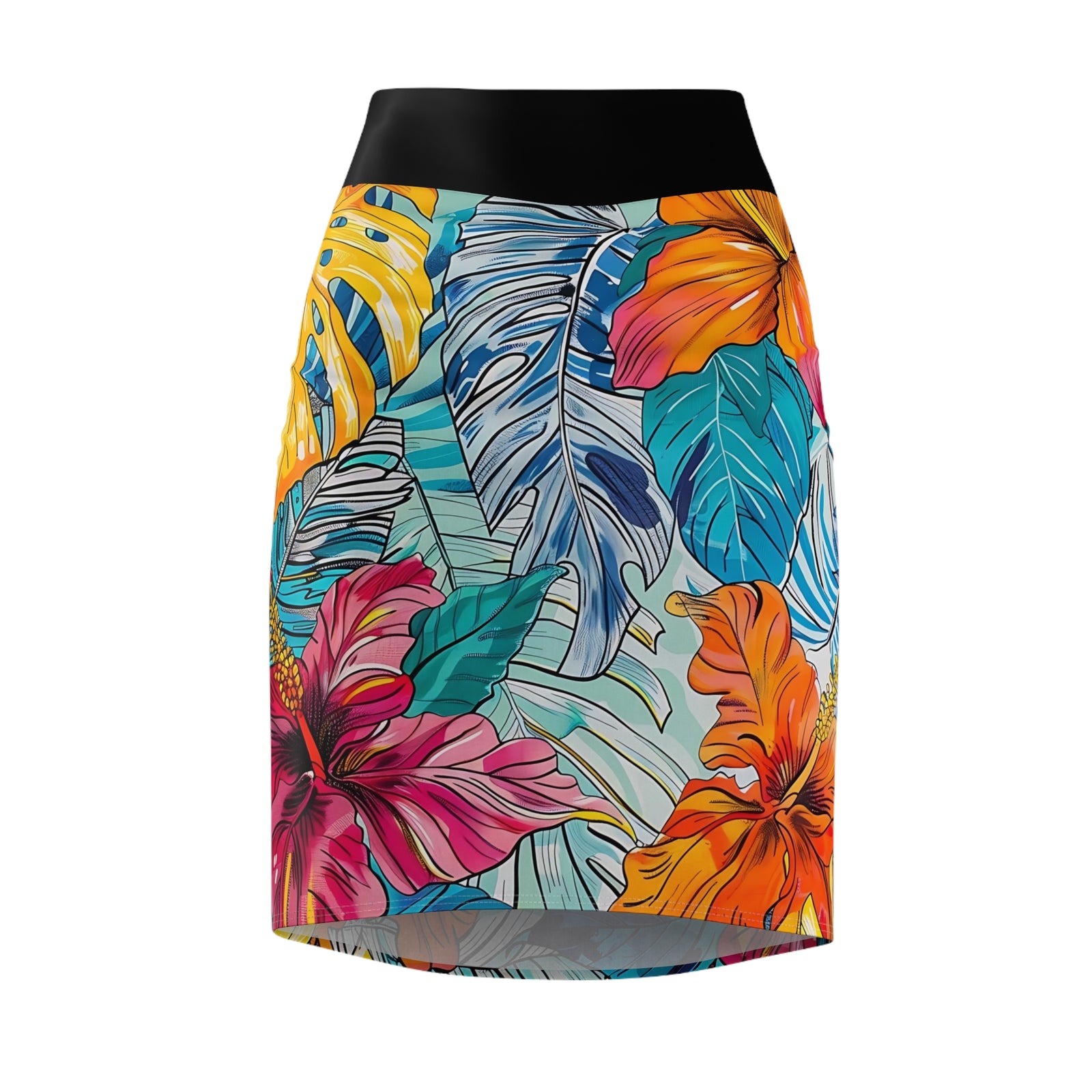 Women's Monstera Hibiscus Pencil Skirt (w/Black Waistband) SETEPENRA All Over Prints.