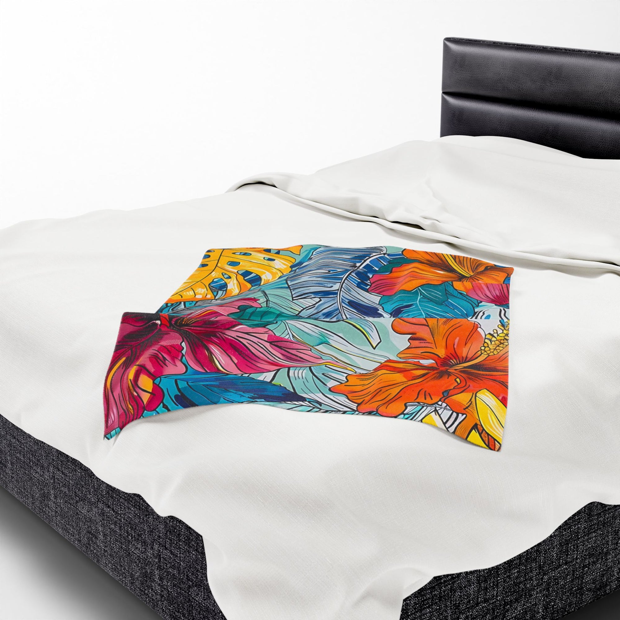 Monstera Hibiscus Velveteen Plush Blanket SETEPENRA All Over Prints.
