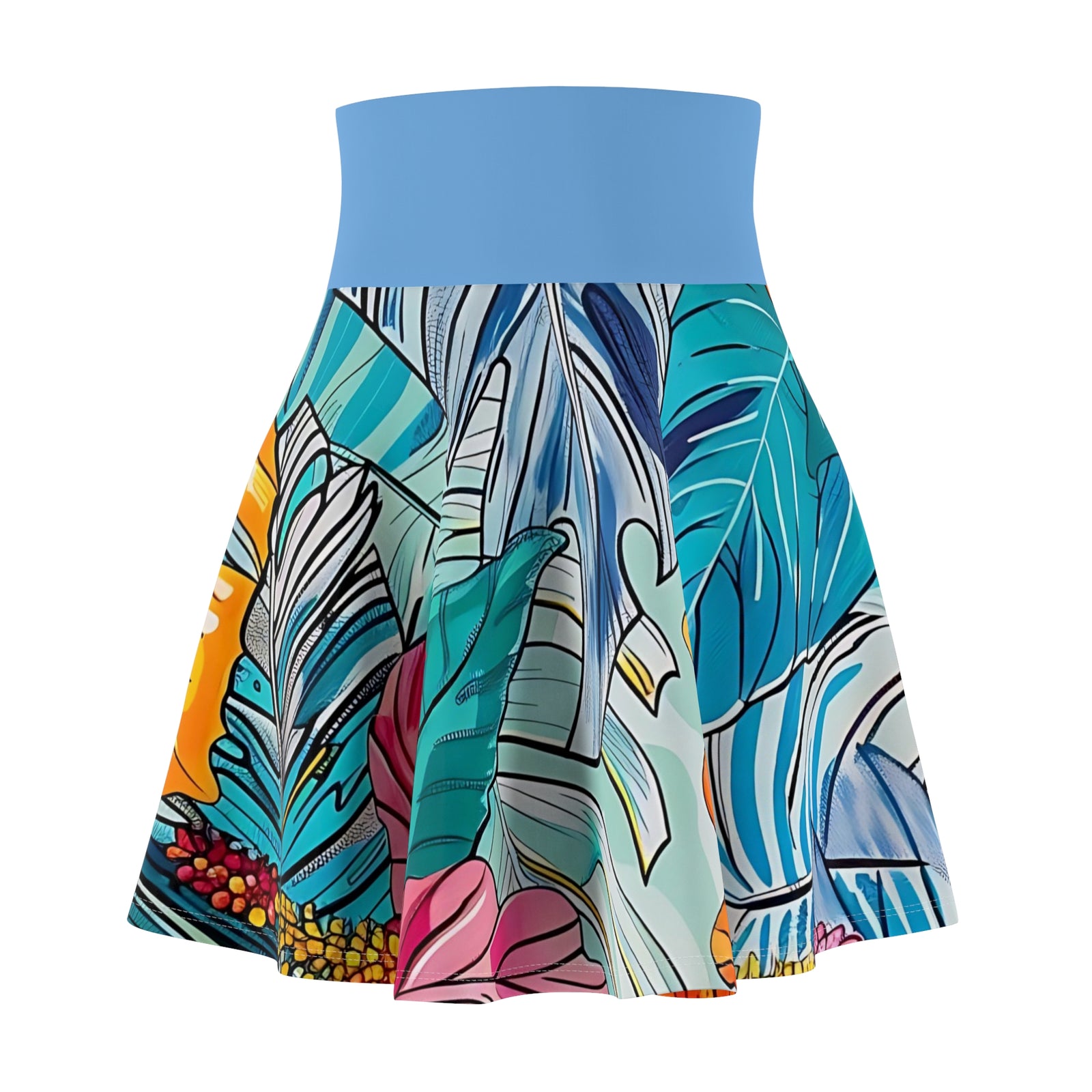 Women's Monstera Hibiscus Skater Skirt (w/Light Blue Waistband) SETEPENRA All Over Prints.