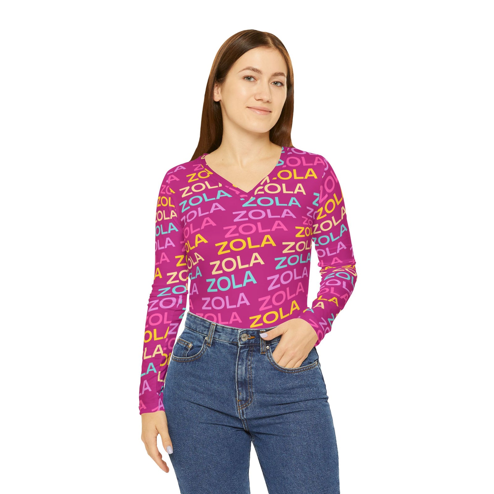 Zola Print Women's Long Sleeve V-Neck Shirt (Pink) SETEPENRA All Over Prints.