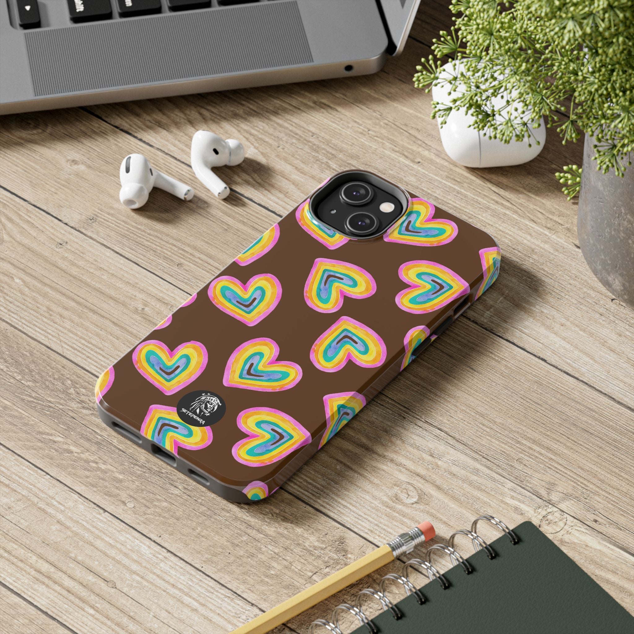 Rainbow Heart Tough Phone Case (For iPhone, Galaxy & More) - Brown