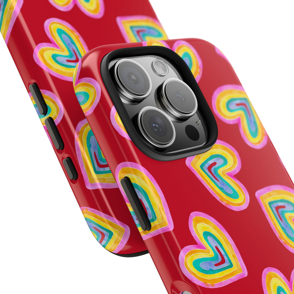 Rainbow Heart Tough Phone Case (For iPhone, Galaxy & More) - Dark Red