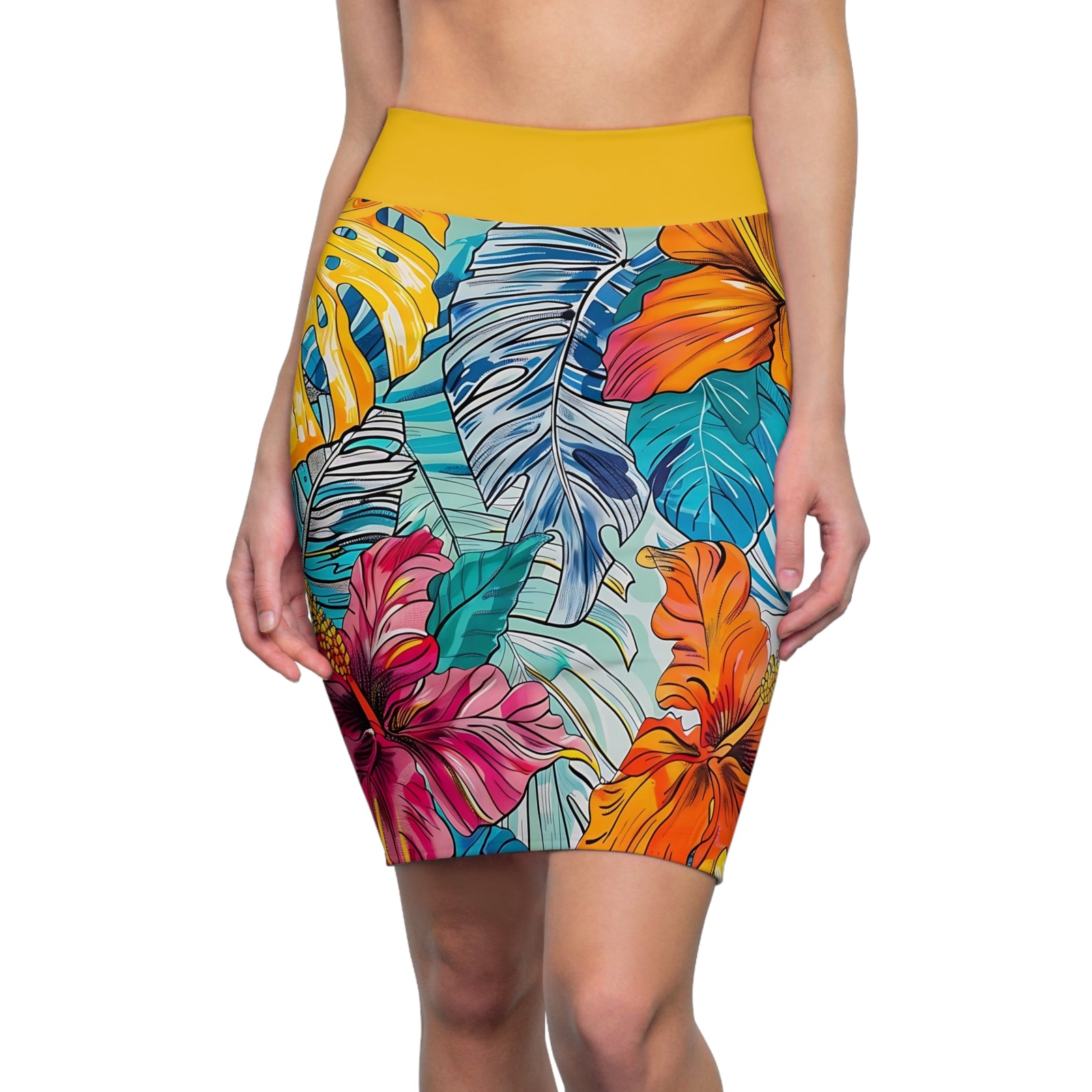 Women's Monstera Hibiscus Pencil Skirt (w/Yellow Waistband) SETEPENRA All Over Prints.