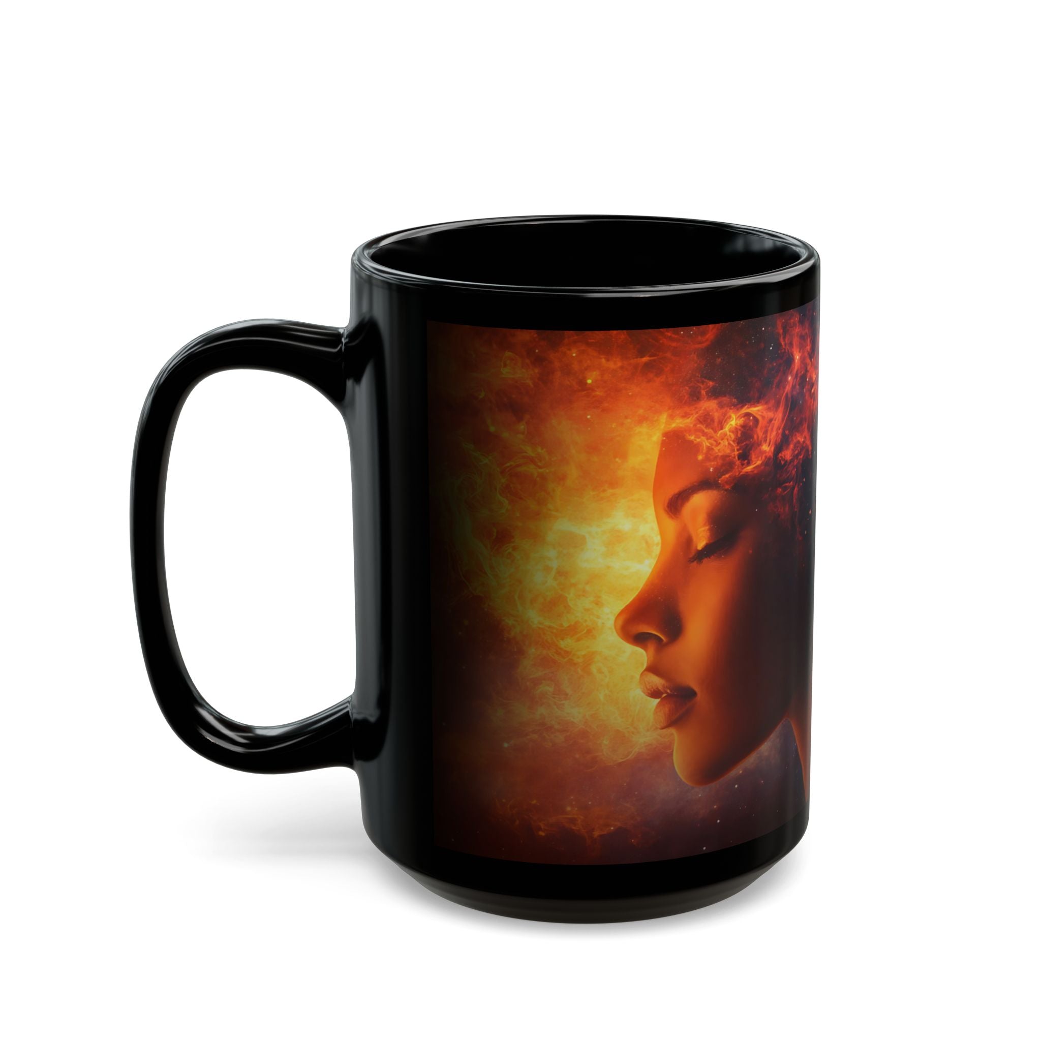 Black ceramic mug featuring the Cosmic Queen design for stylish beverage enjoyment.