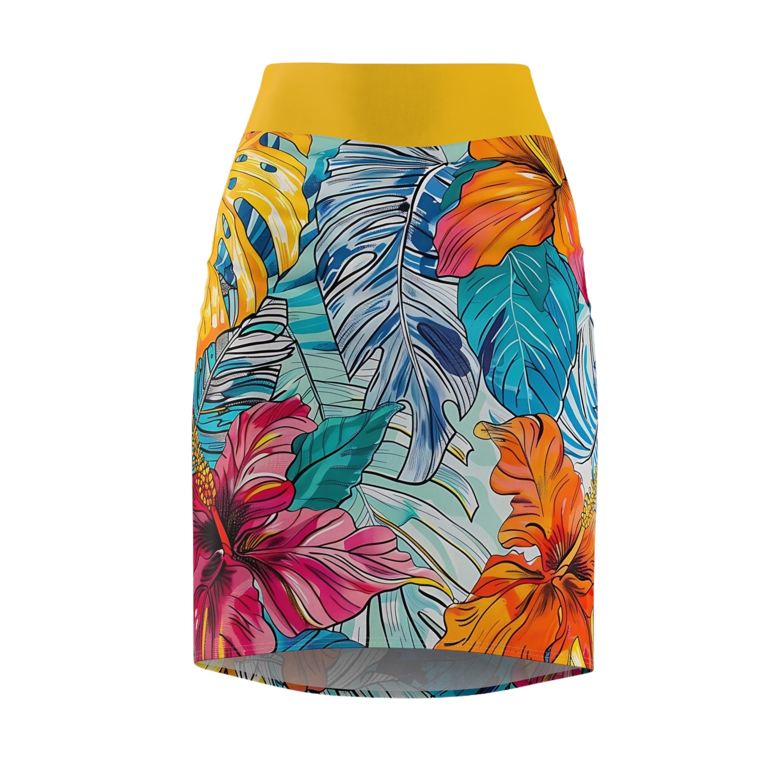 Women's Monstera Hibiscus Pencil Skirt (w/Yellow Waistband) SETEPENRA All Over Prints.