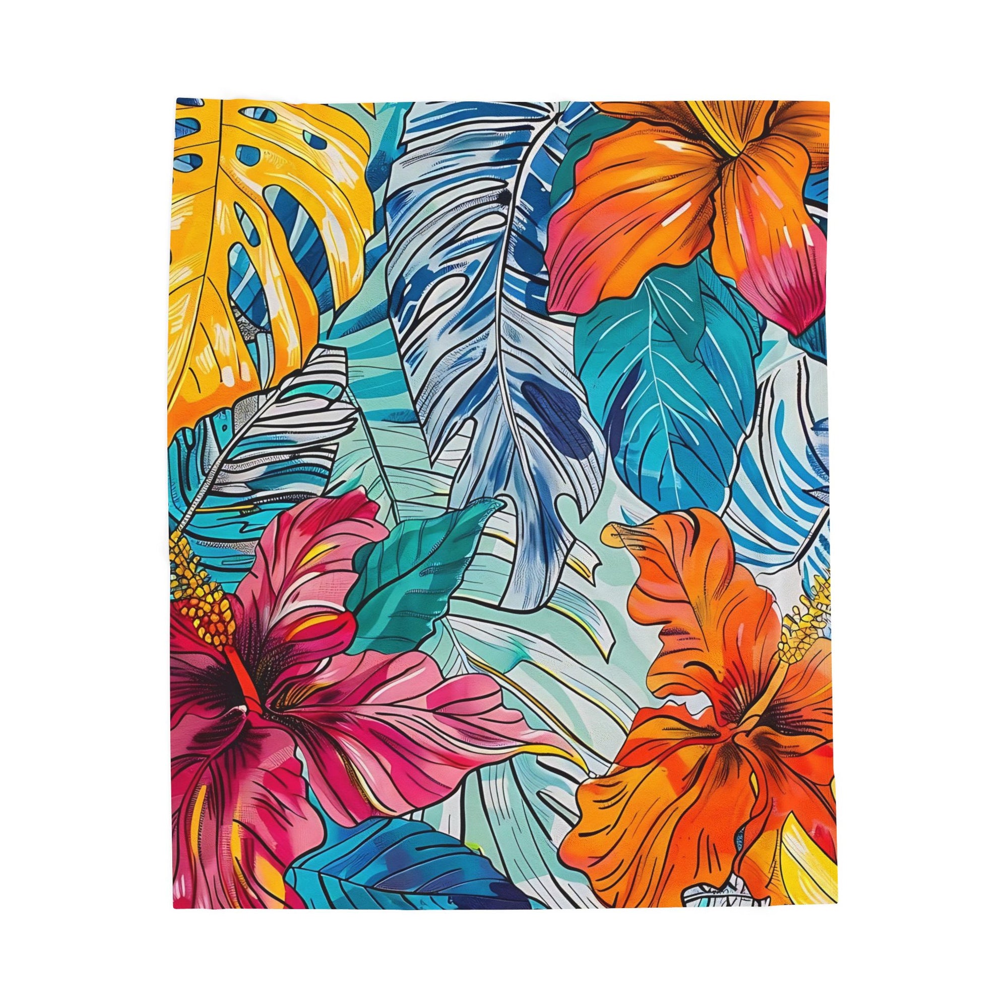 Monstera Hibiscus Velveteen Plush Blanket SETEPENRA All Over Prints.
