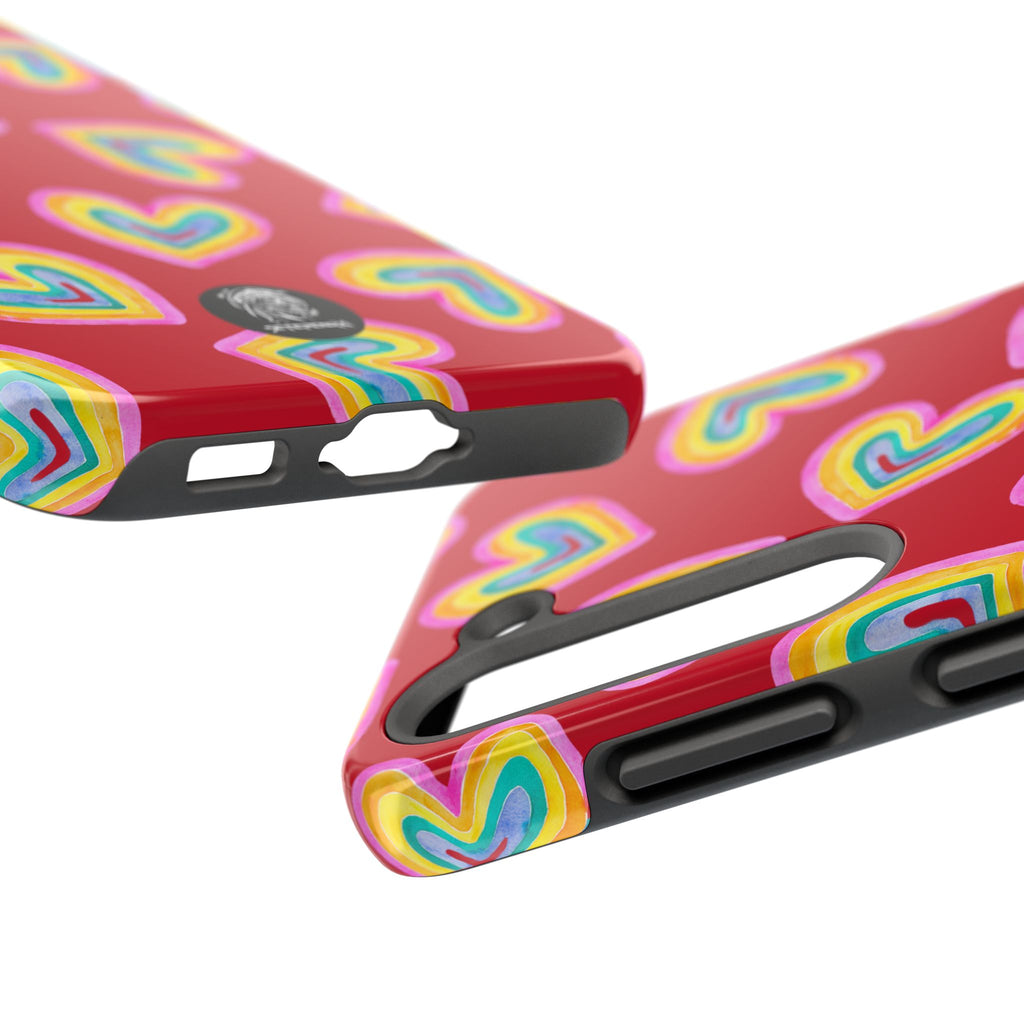Rainbow Heart Tough Phone Case (For iPhone, Galaxy & More) - Dark Red