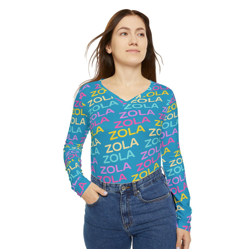 Zola Print Women's Long Sleeve V-Neck Shirt (Turquoise) SETEPENRA All Over Prints.