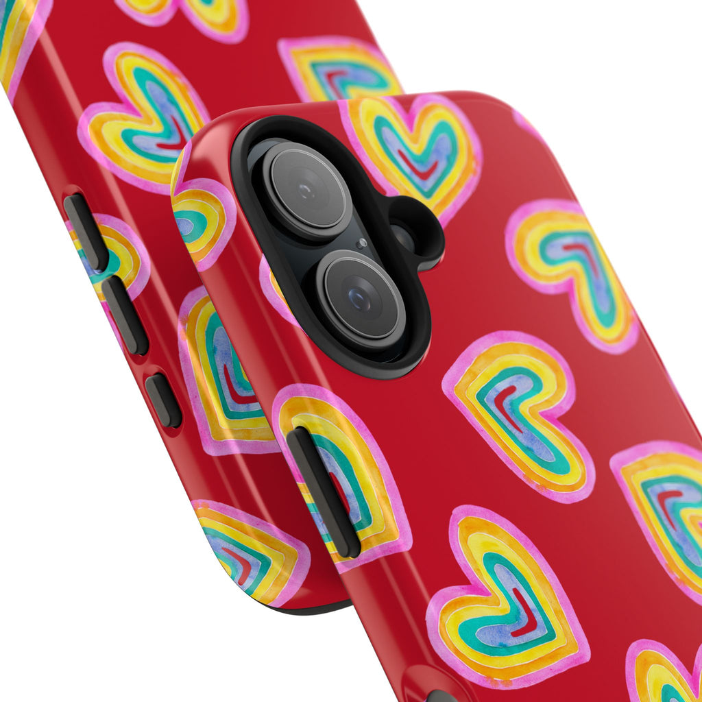 Rainbow Heart Tough Phone Case (For iPhone, Galaxy & More) - Dark Red