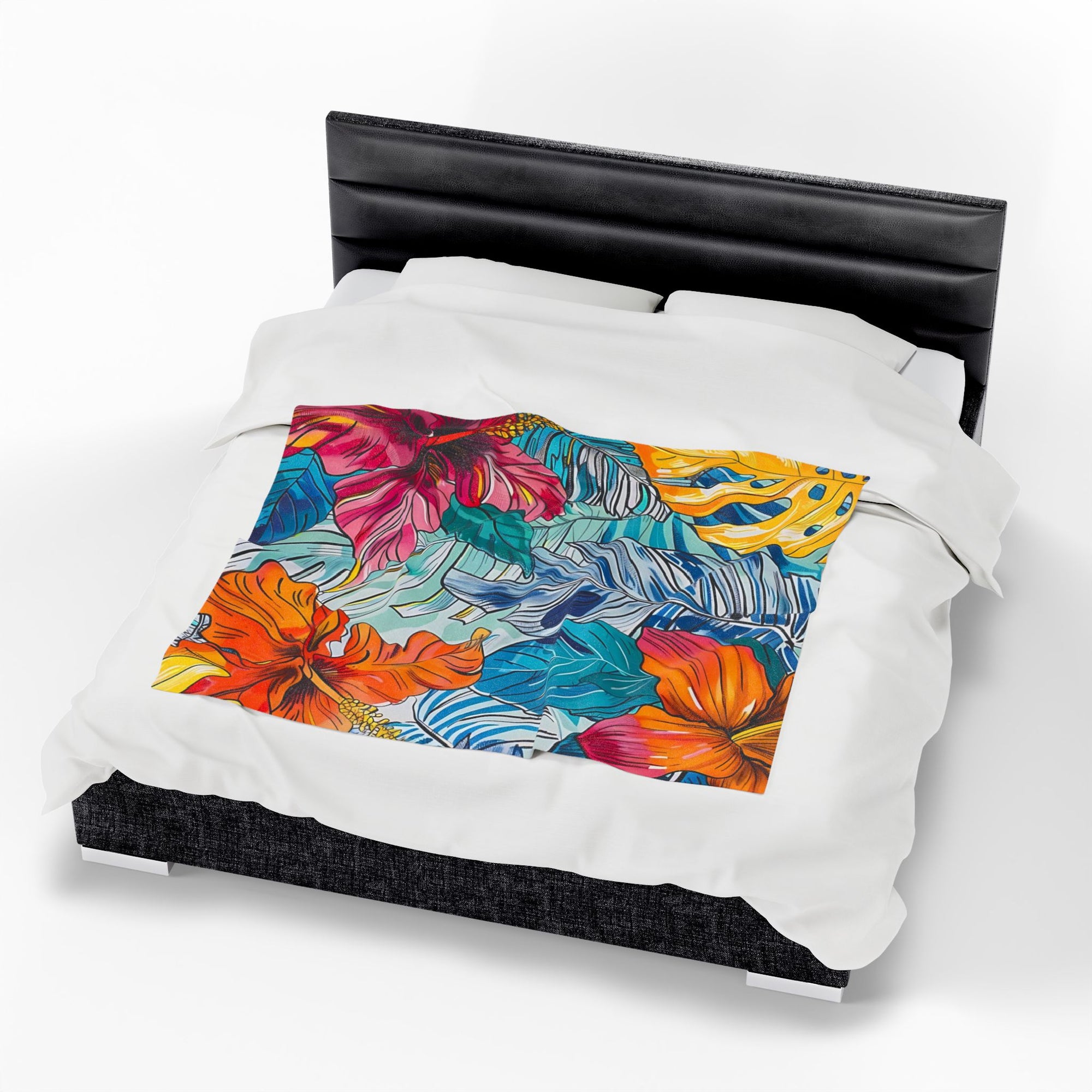 Monstera Hibiscus Velveteen Plush Blanket SETEPENRA All Over Prints.