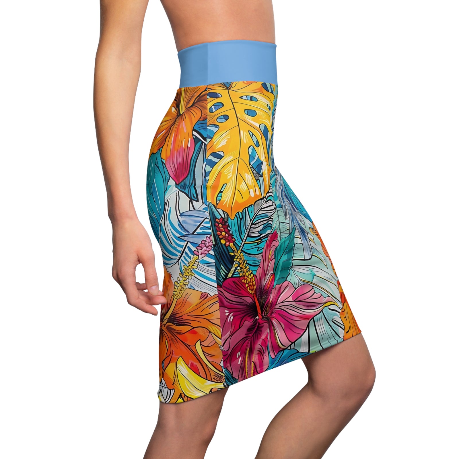 Women's Monstera Hibiscus Pencil Skirt (w/Light Blue Waistband) SETEPENRA All Over Prints.