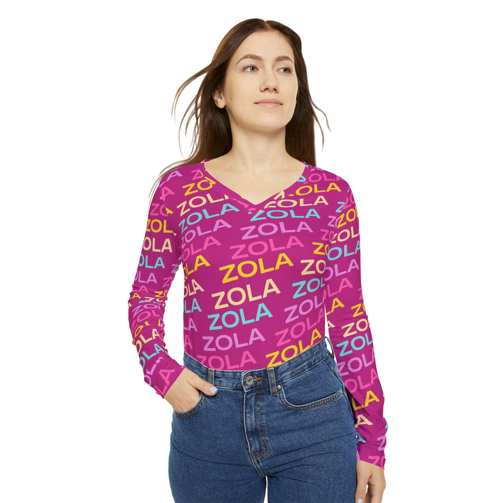 Zola Print Women's Long Sleeve V-Neck Shirt (Pink) SETEPENRA All Over Prints.