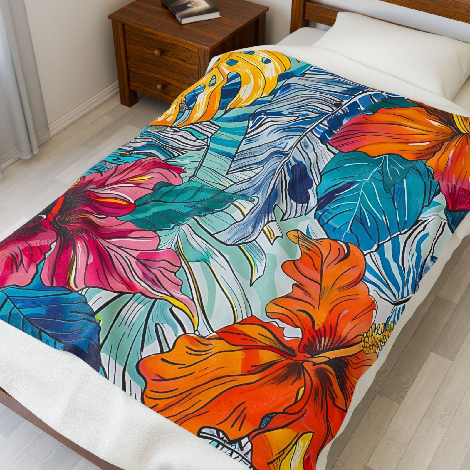 Monstera Hibiscus Velveteen Plush Blanket SETEPENRA All Over Prints.