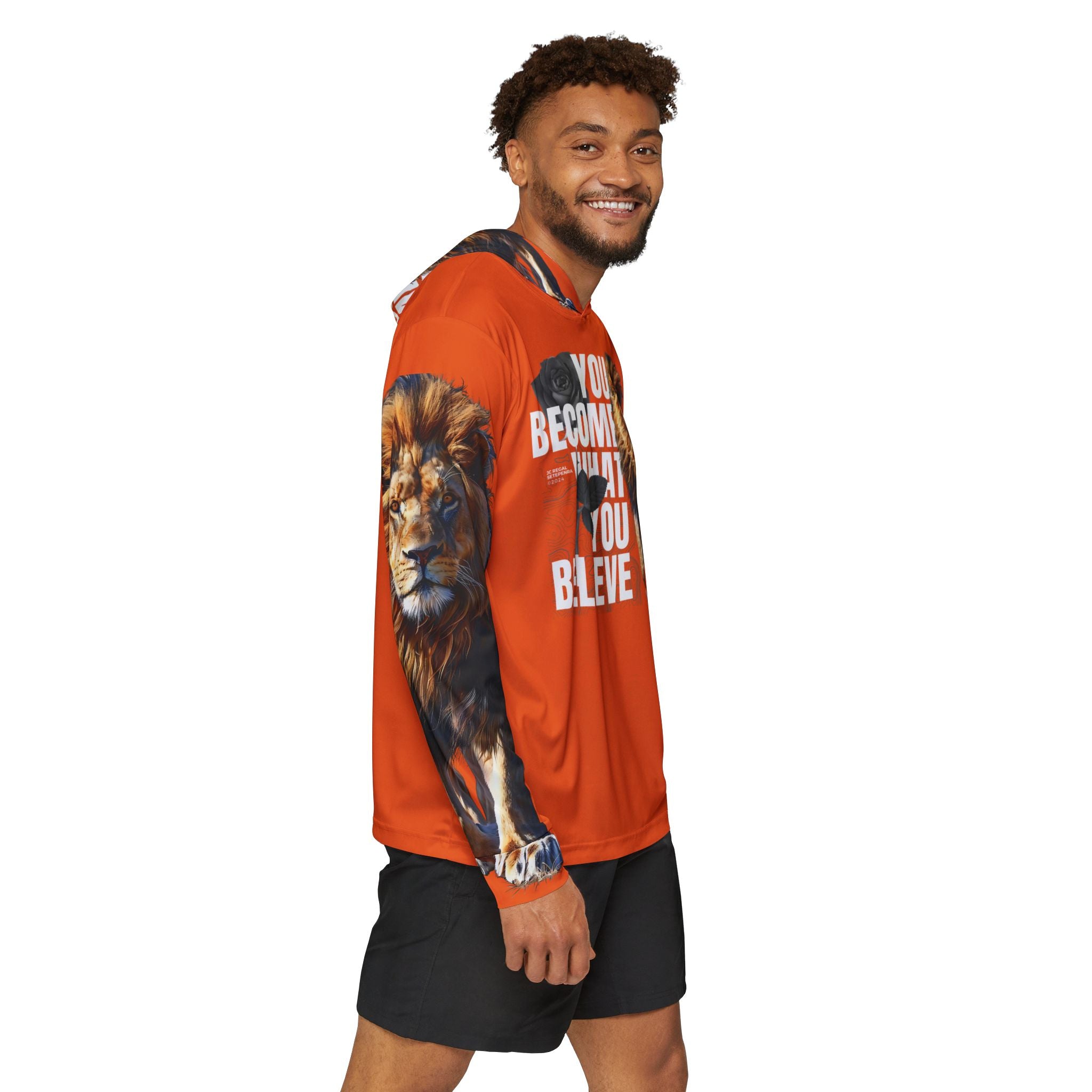 You Become What You Believe Men's Sports Warmup Hoodie (Orange) SETEPENRA All Over Prints.