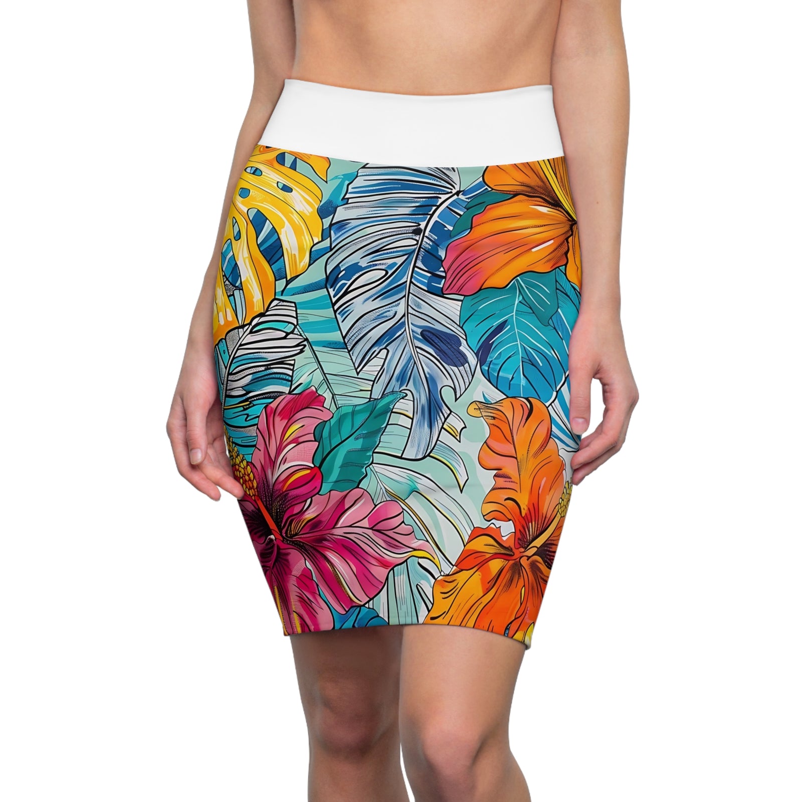 Women's Monstera Hibiscus Pencil Skirt (w/White Waistband) SETEPENRA All Over Prints.