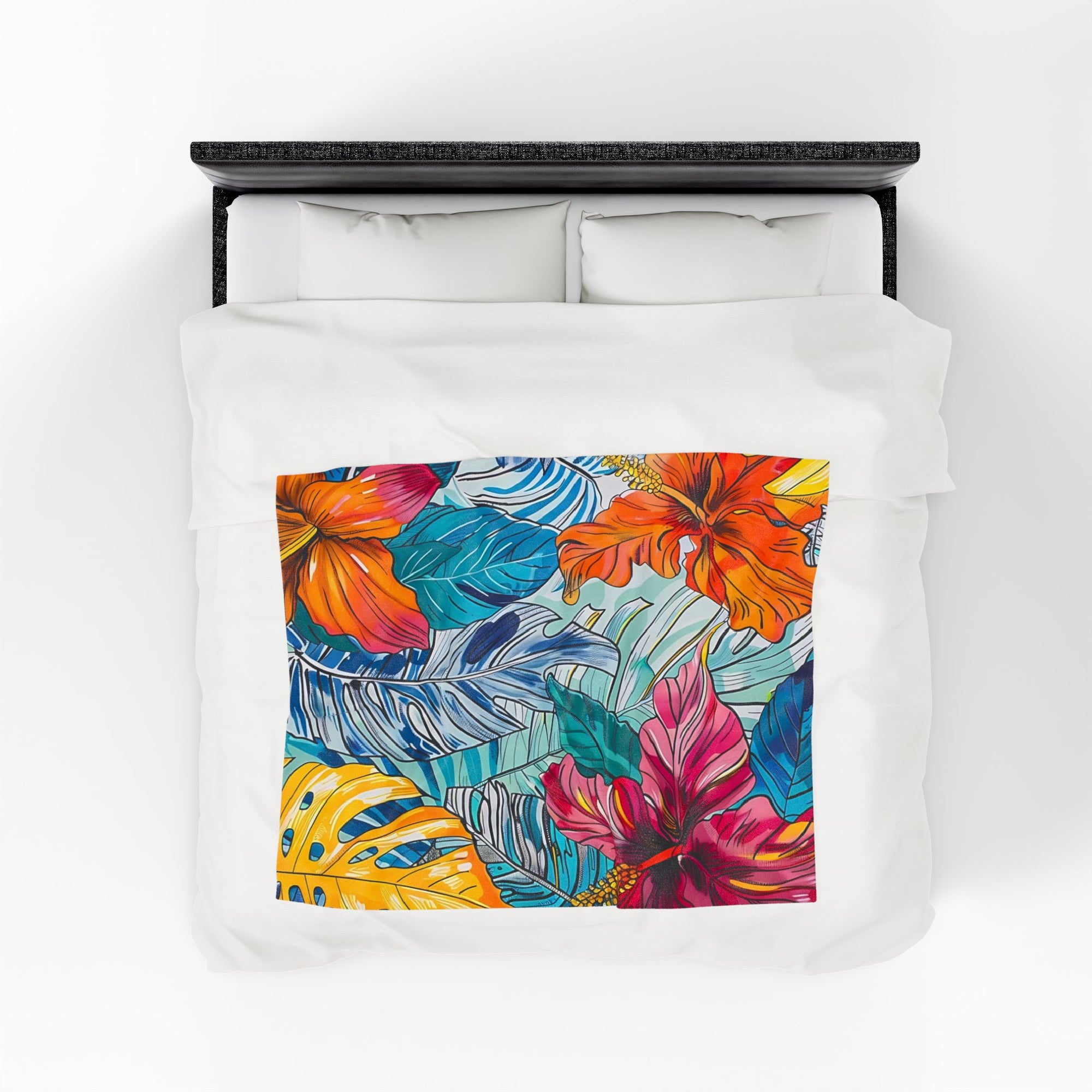 Monstera Hibiscus Velveteen Plush Blanket SETEPENRA All Over Prints.