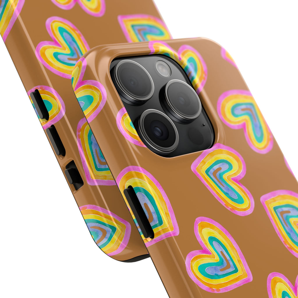 Rainbow Heart Tough Phone Case (For iPhone, Galaxy & More) - Light Brown