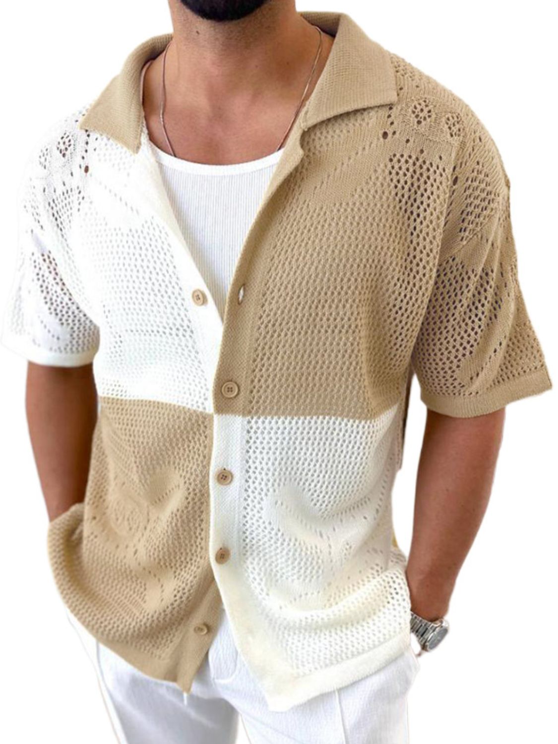Men's Contrast Button Down Hollow Out Shirt SETEPENRA .