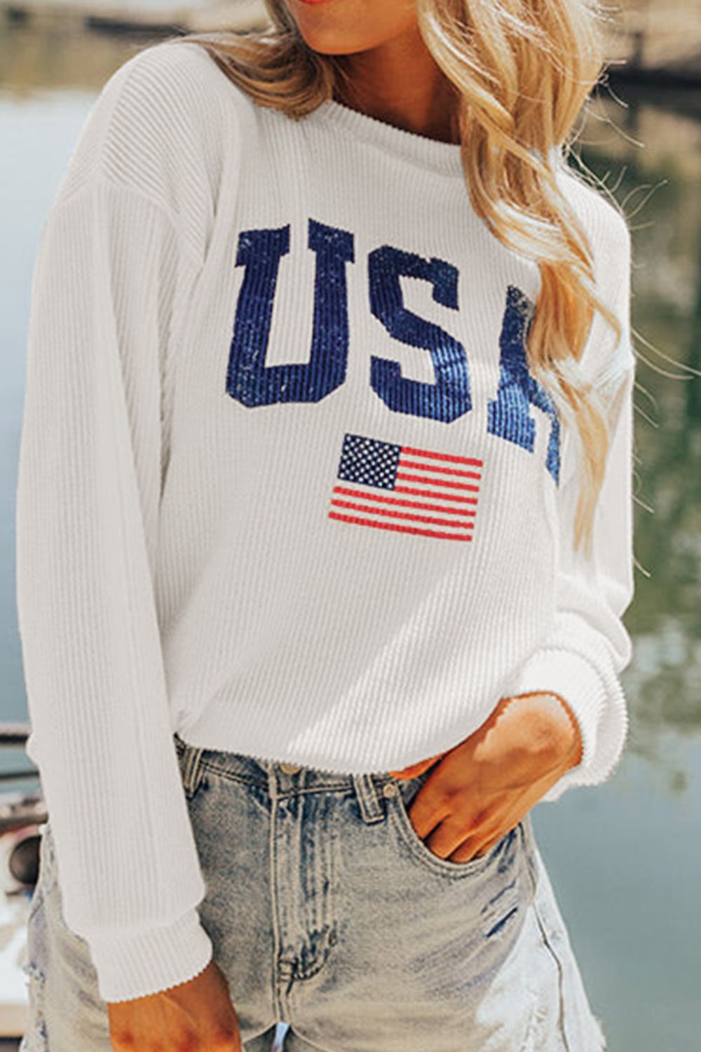 US Flag Corded Long Sleeve Sweatshirt SETEPENRA .