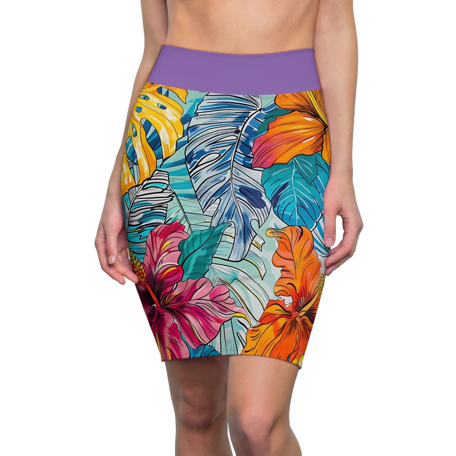 Women's Monstera Hibiscus Pencil Skirt (w/Light Purple Waistband) SETEPENRA All Over Prints.