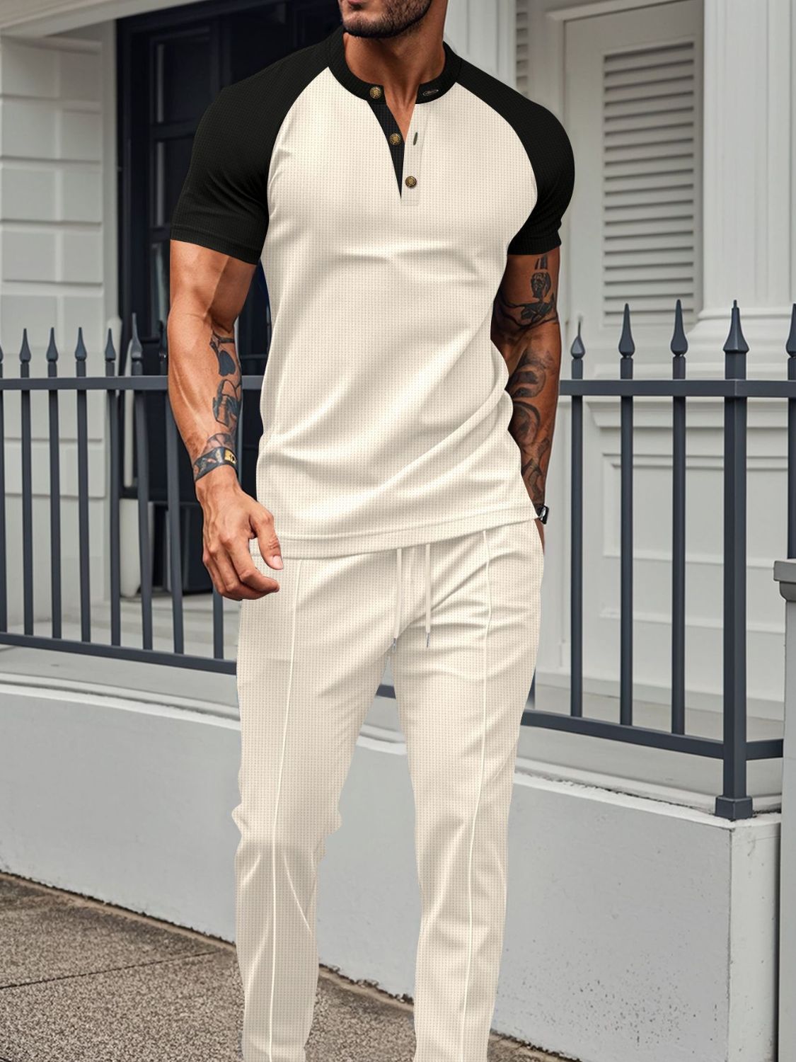 Men's Full Size Waffle-Knit Contrast Top and Drawstring Pants Set Plus Size SETEPENRA .