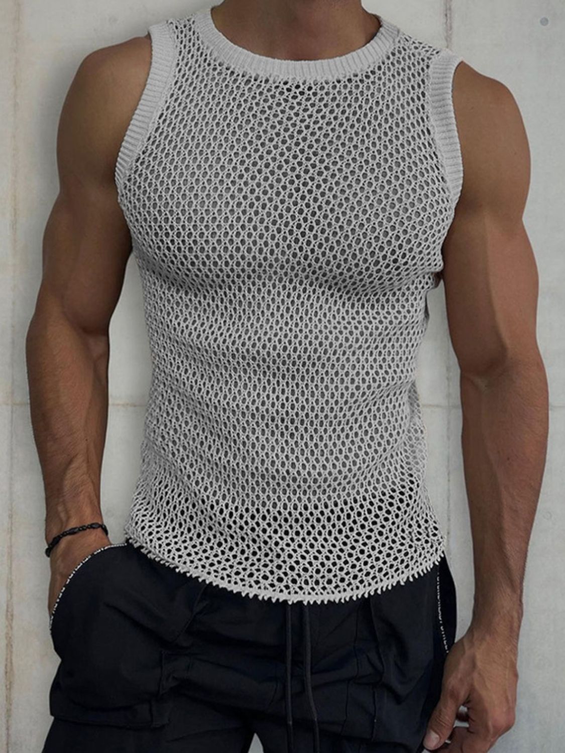 Men's Round Neck Hollow Out Sleeveless Knit Top SETEPENRA .