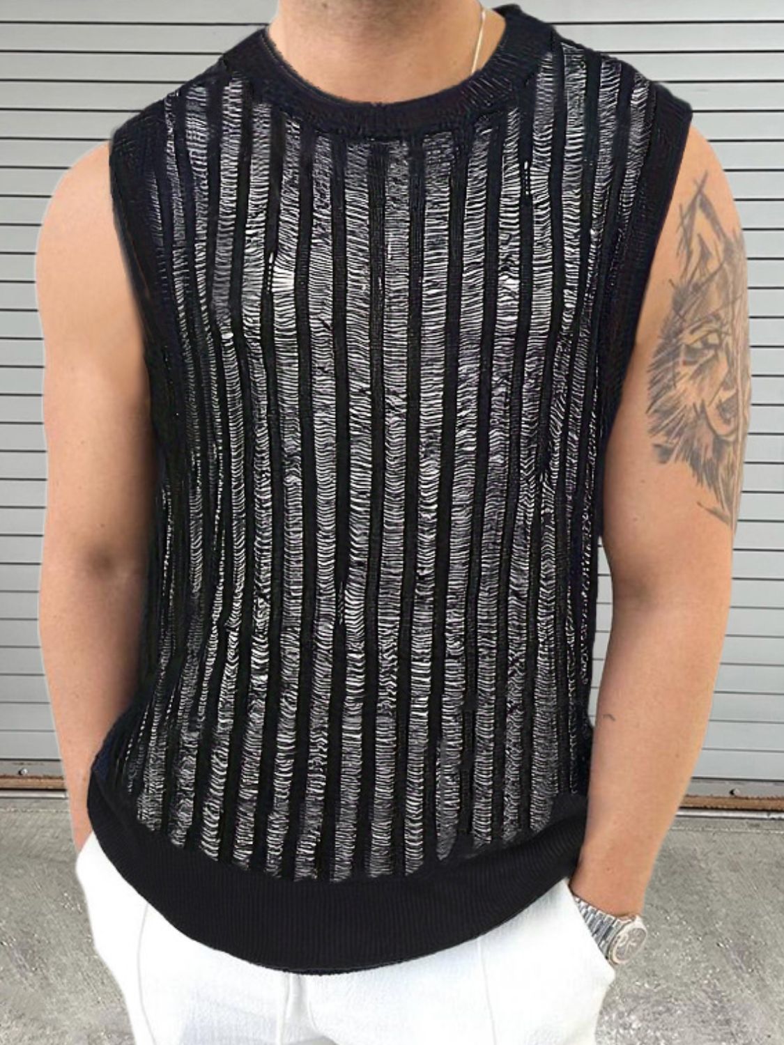 Men's Round Neck Hollow Out Sleeveless Top SETEPENRA .