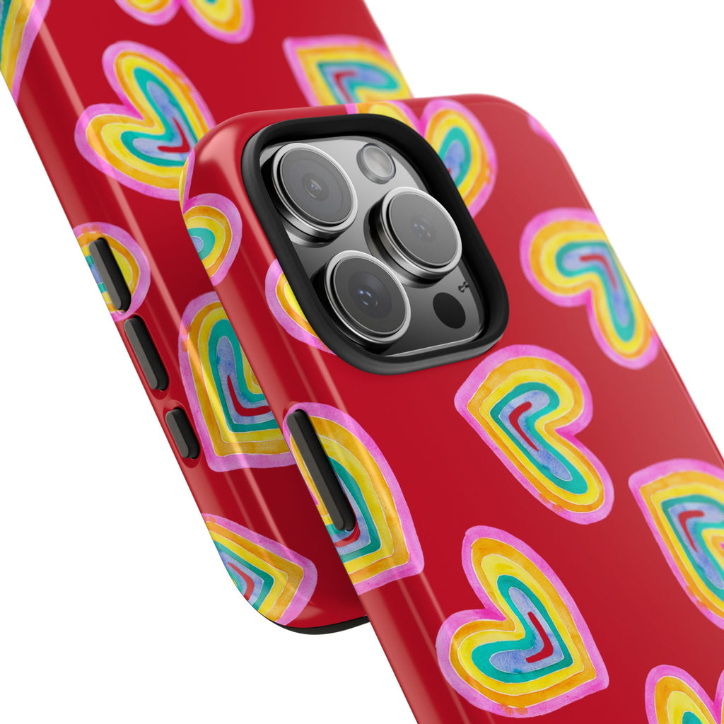 Rainbow Heart Tough Phone Case (For iPhone, Galaxy & More) - Dark Red