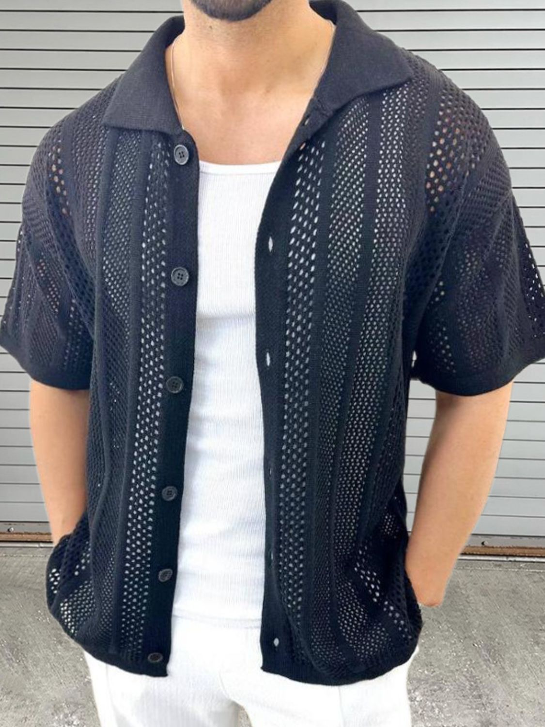 Men's Button Down Collared Neck Hollow Out Shirt SETEPENRA .