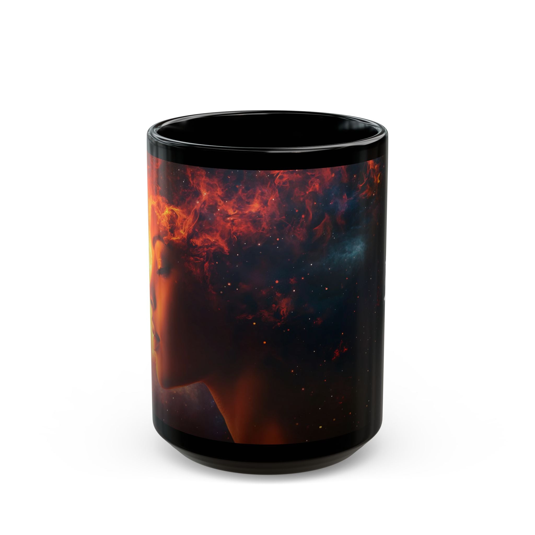 Black ceramic mug featuring the Cosmic Queen design for stylish beverage enjoyment.