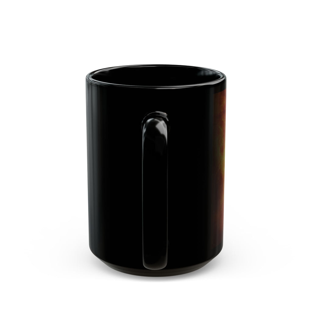 Black ceramic mug featuring the Cosmic Queen design for stylish beverage enjoyment.