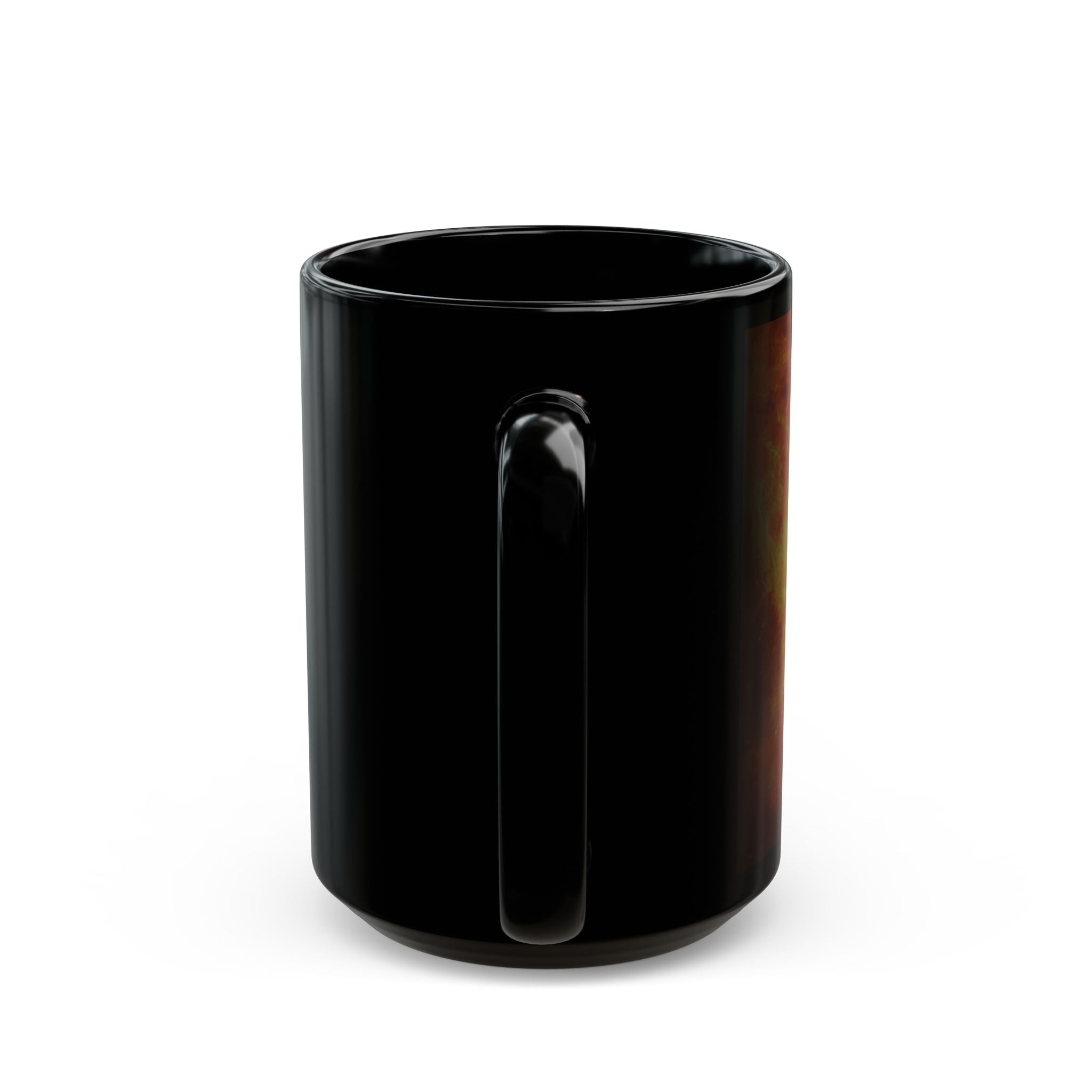 Black ceramic mug featuring the Cosmic Queen design for stylish beverage enjoyment.