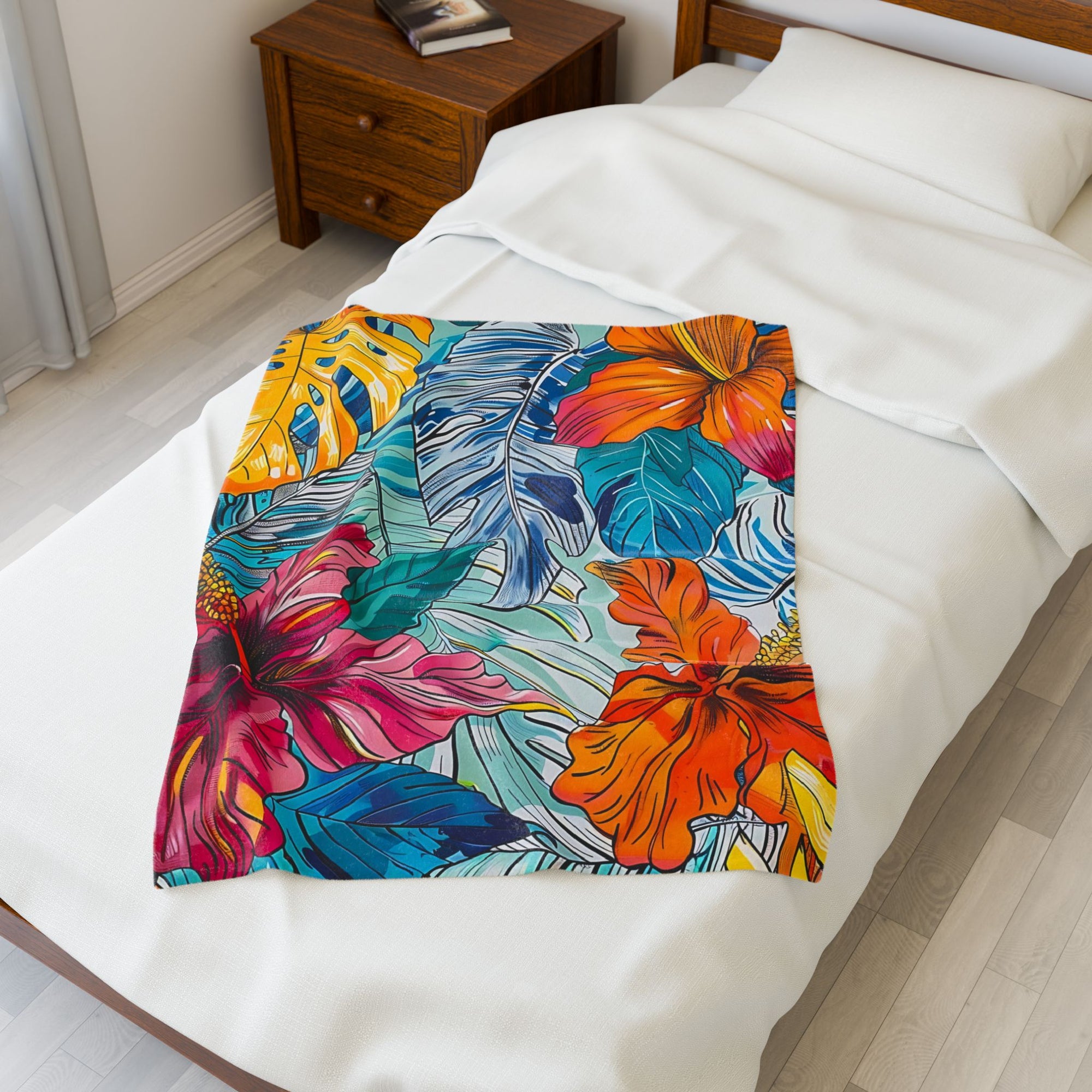 Monstera Hibiscus Velveteen Plush Blanket SETEPENRA All Over Prints.