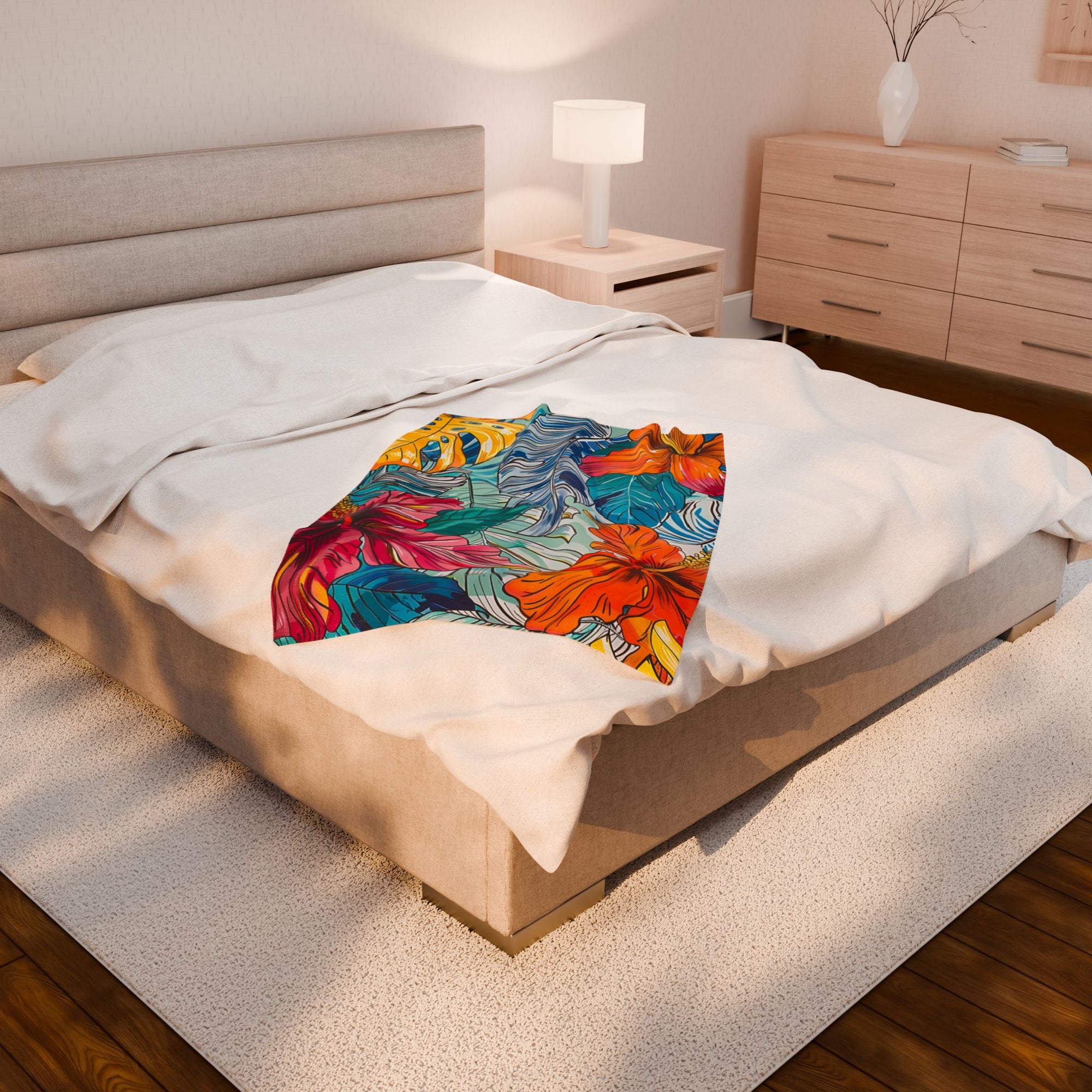 Monstera Hibiscus Velveteen Plush Blanket SETEPENRA All Over Prints.