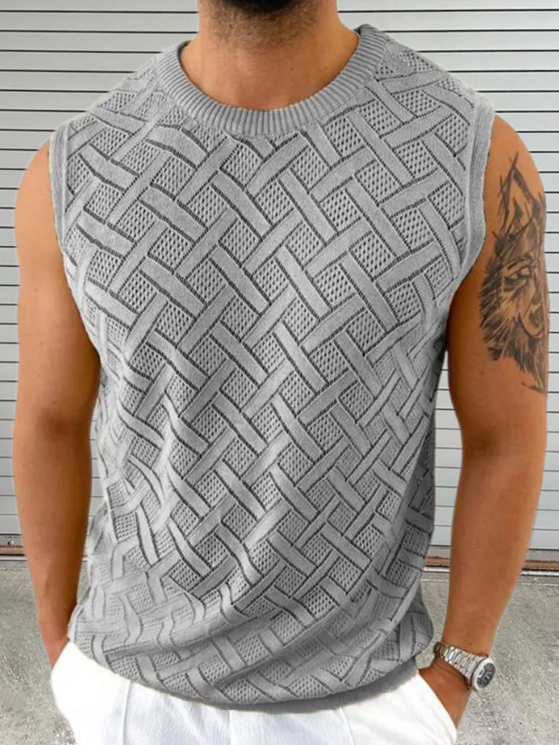 Men's Round Neck Sleeveless Eyelet Knit Top SETEPENRA .