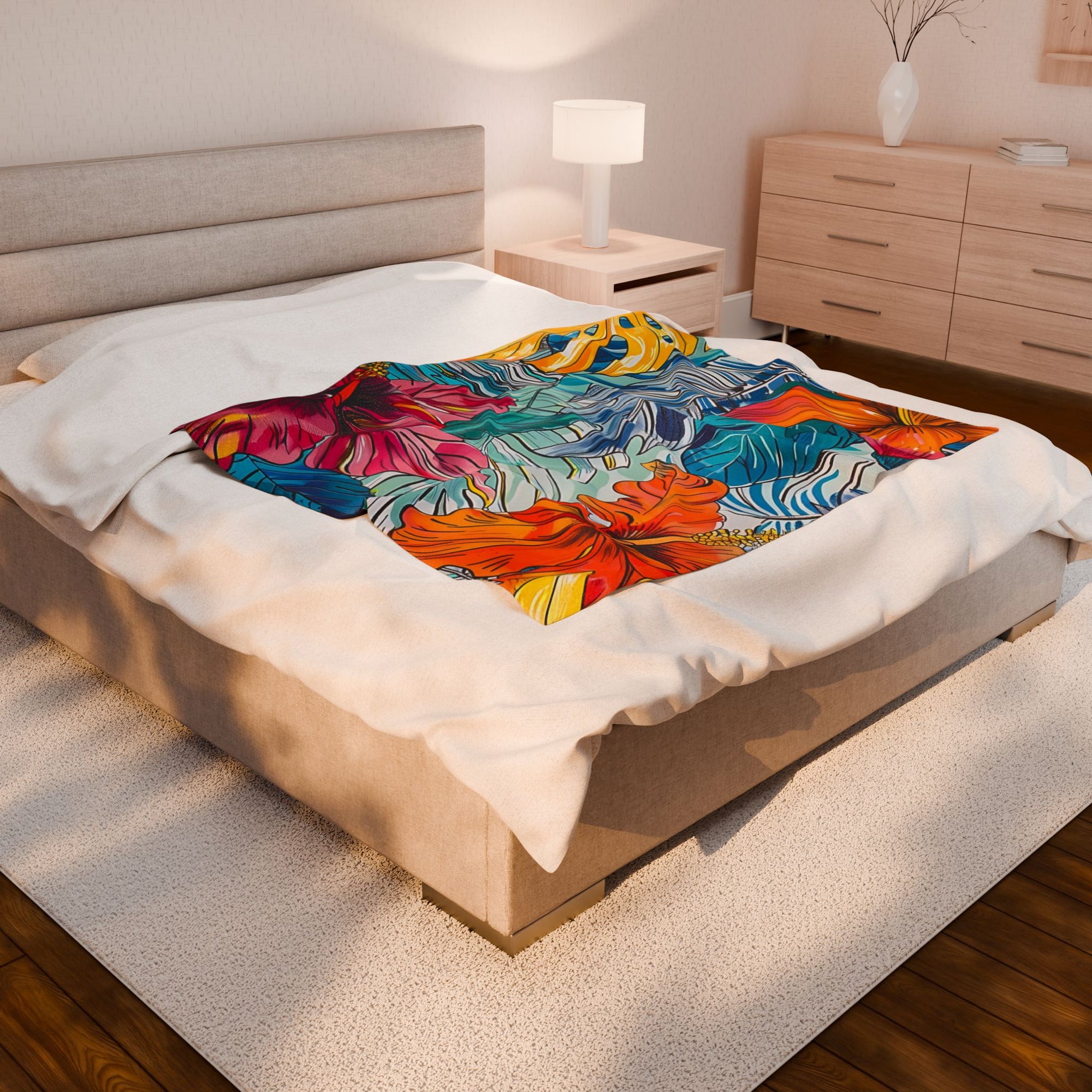 Monstera Hibiscus Velveteen Plush Blanket SETEPENRA All Over Prints.