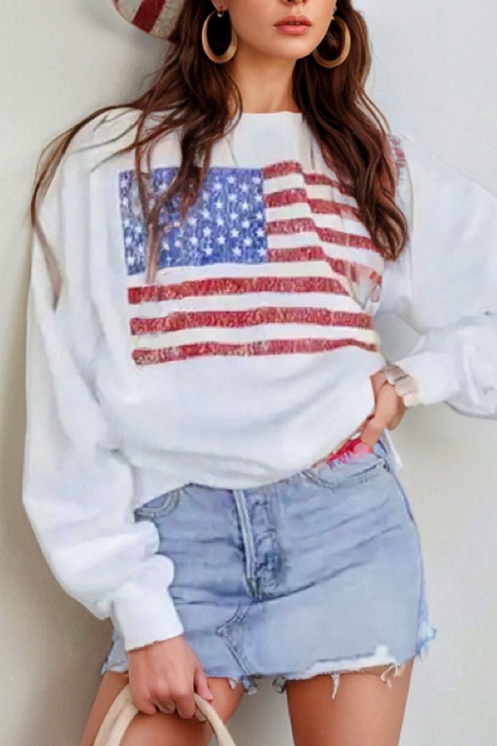 US Flag Round Neck Long Sleeve Sweatshirt SETEPENRA .