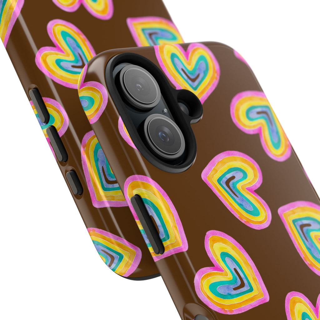 Rainbow Heart Tough Phone Case (For iPhone, Galaxy & More) - Brown