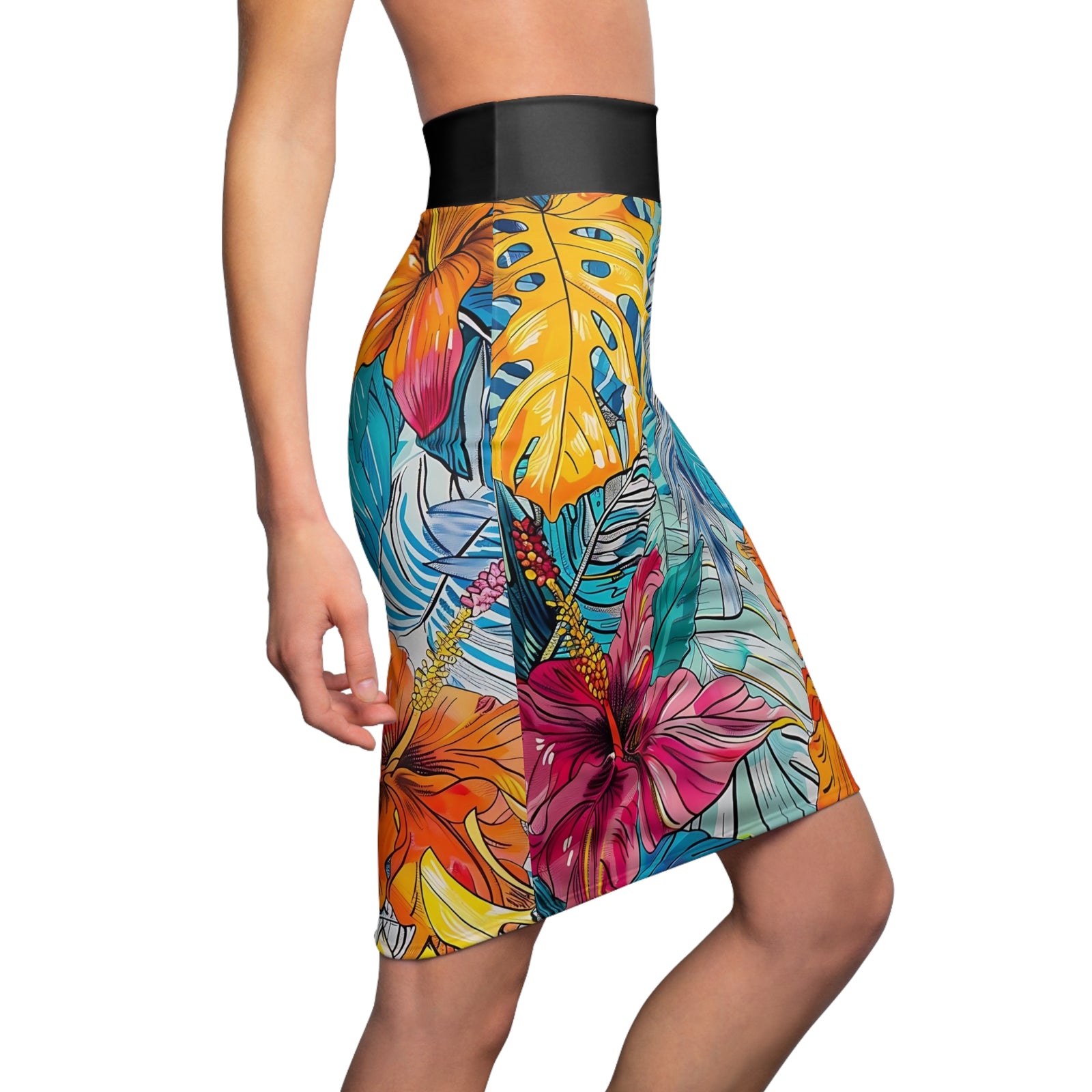 Women's Monstera Hibiscus Pencil Skirt (w/Black Waistband) SETEPENRA All Over Prints.