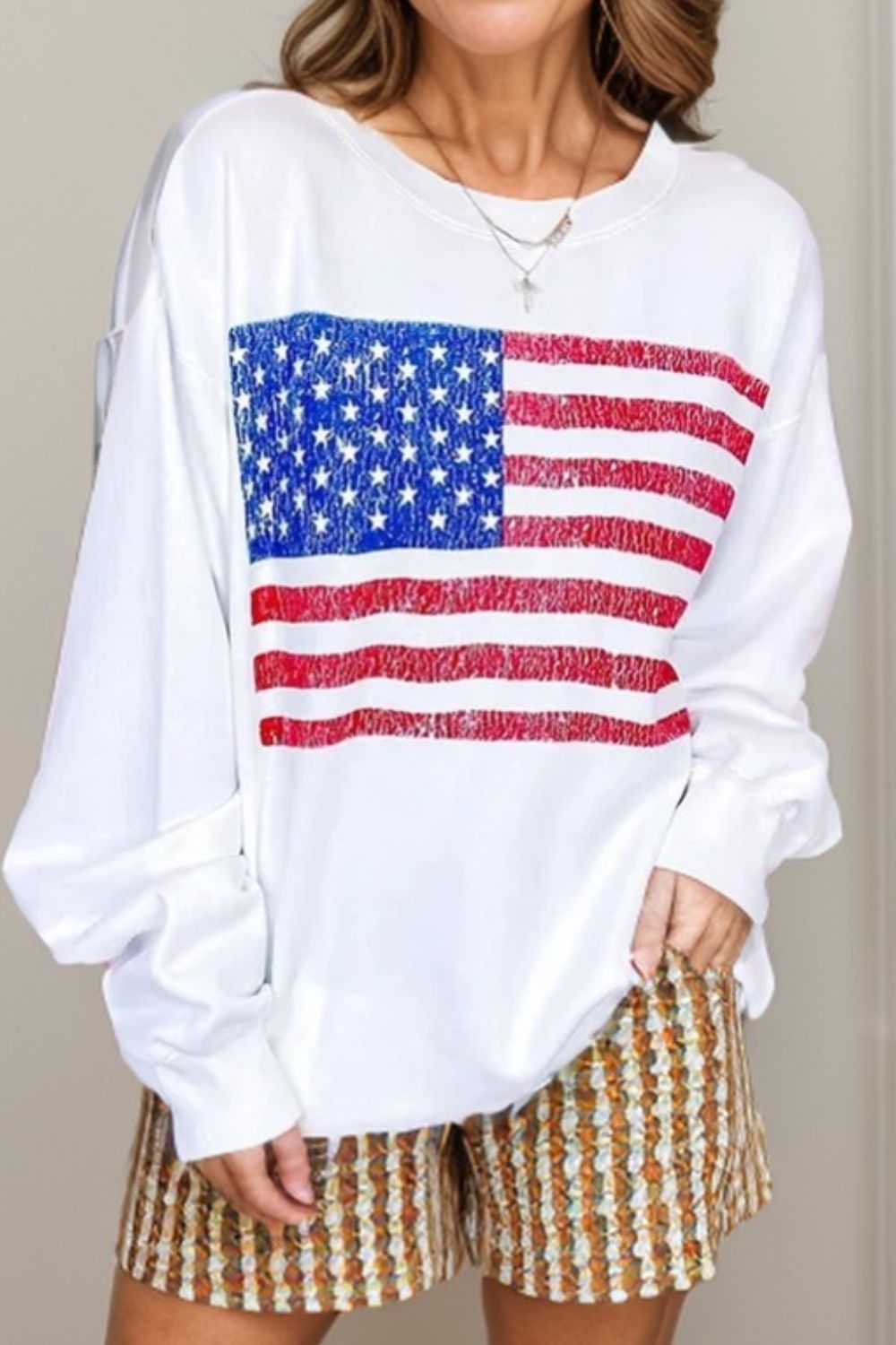 US Flag Round Neck Long Sleeve Sweatshirt SETEPENRA .