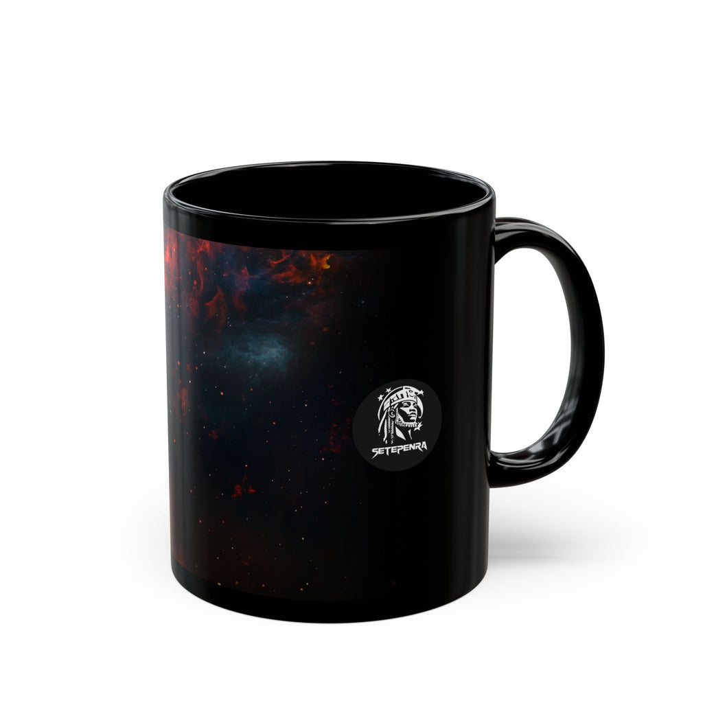 Black ceramic mug featuring the Cosmic Queen design for stylish beverage enjoyment.