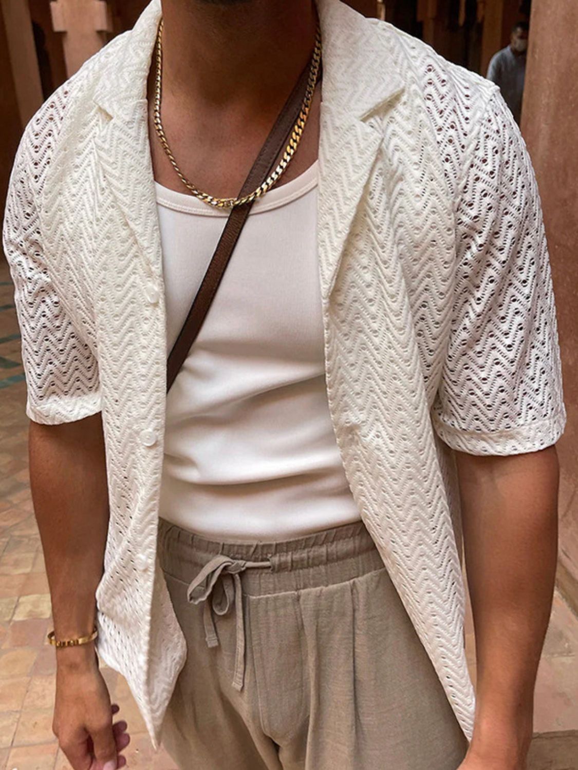 Men's Plus Size Herringbone Eyelet Button Down Knit Shirt SETEPENRA .