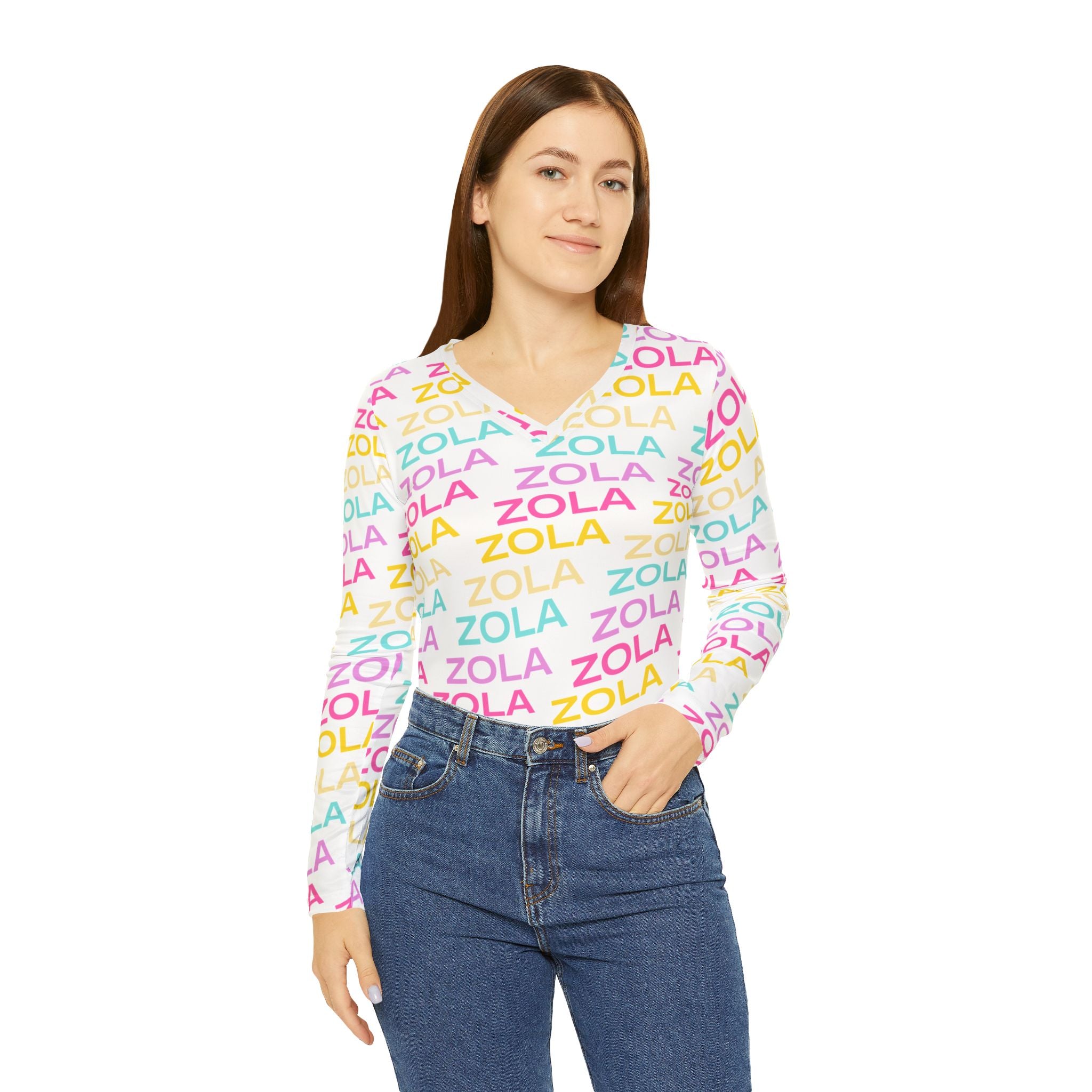 Zola Print Women's Long Sleeve V-Neck Shirt (White) SETEPENRA All Over Prints.
