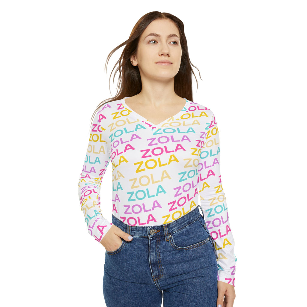 Zola Print Women's Long Sleeve V-Neck Shirt (White) SETEPENRA All Over Prints.
