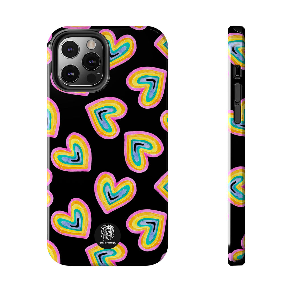 Rainbow Heart Tough Phone Case (For iPhone, Galaxy & More) - Black SETEPENRA Phone Case.