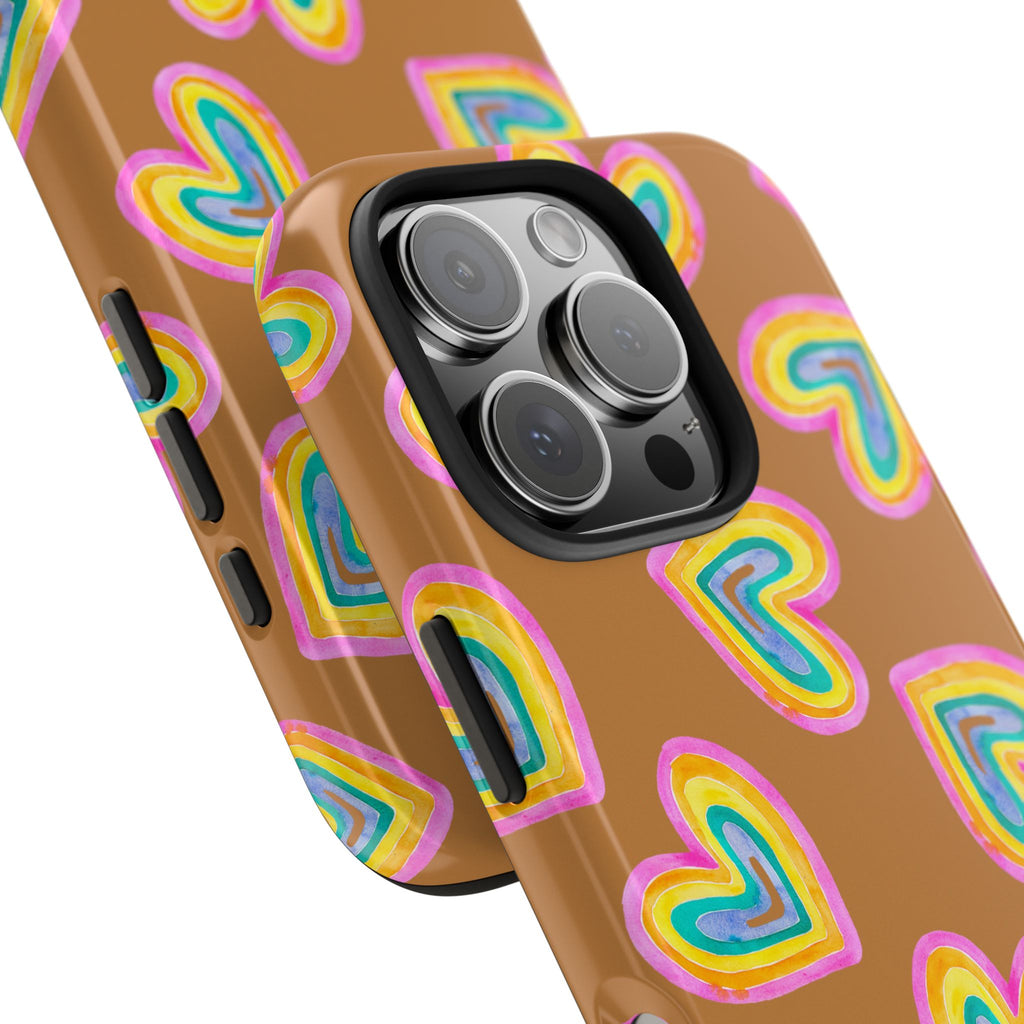 Rainbow Heart Tough Phone Case (For iPhone, Galaxy & More) - Light Brown