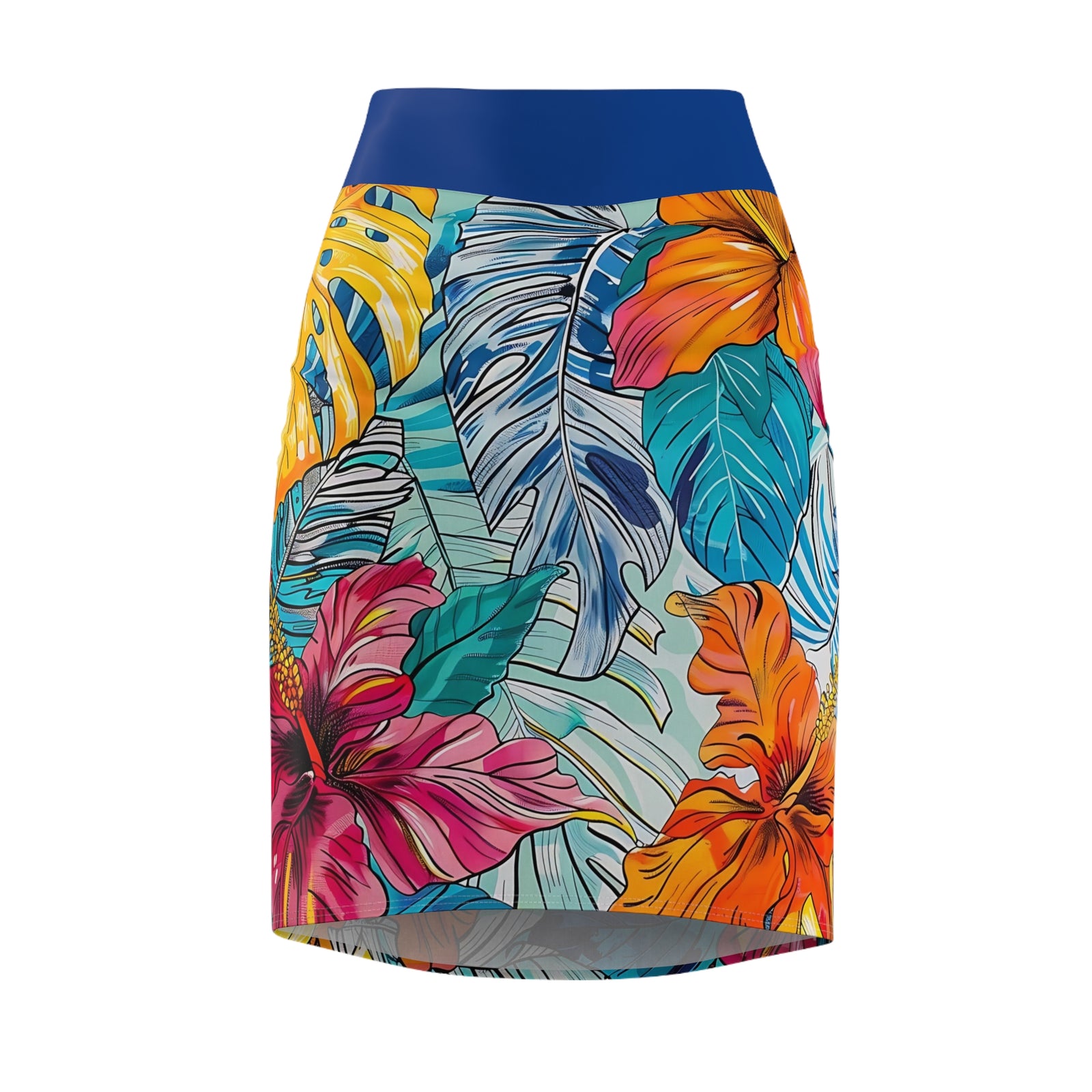 Women's Monstera Hibiscus Pencil Skirt (w/Dark Blue Waistband) SETEPENRA All Over Prints.