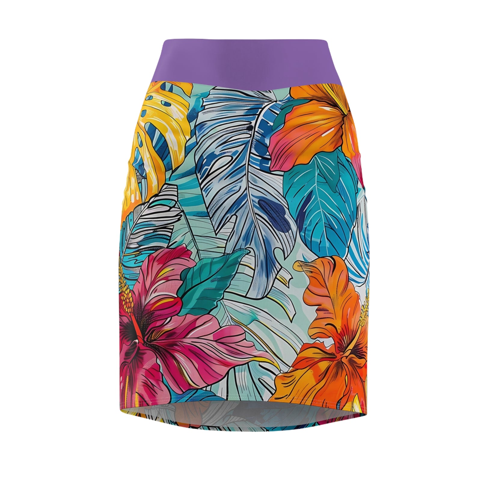 Women's Monstera Hibiscus Pencil Skirt (w/Light Purple Waistband) SETEPENRA All Over Prints.