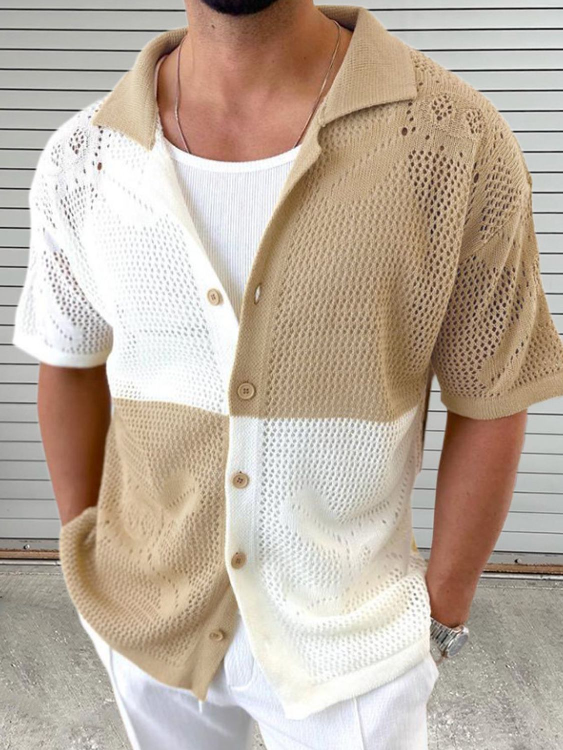 Men's Contrast Button Down Hollow Out Shirt SETEPENRA .